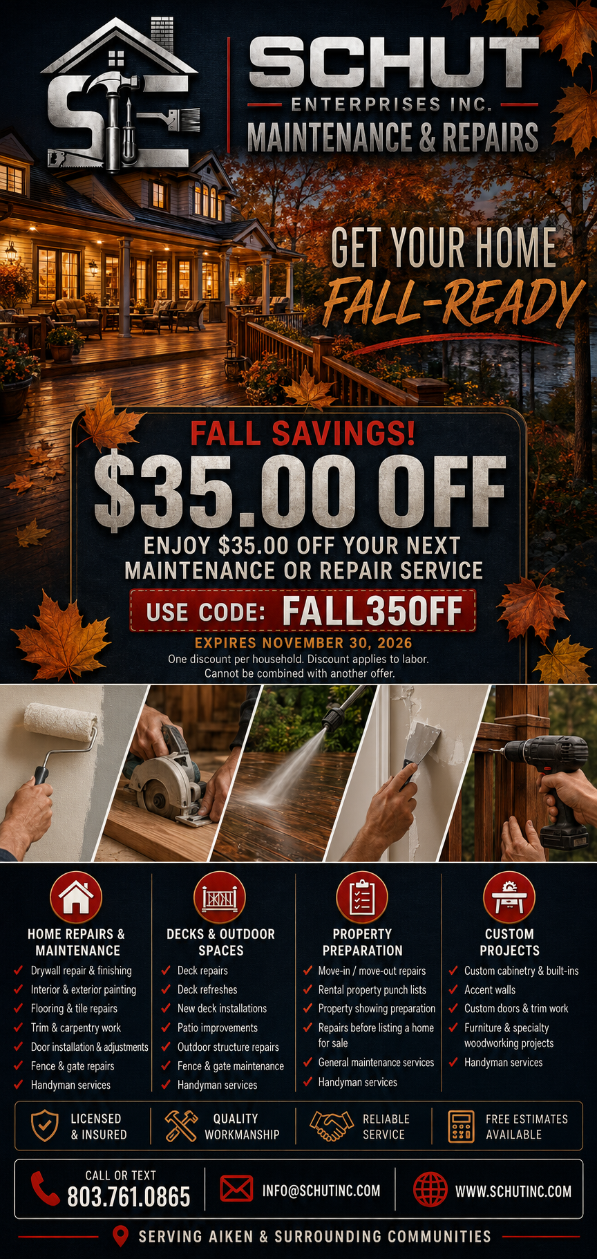 Schut Enterprises Inc. Fall Special — Save $35 with code FALL35OFF